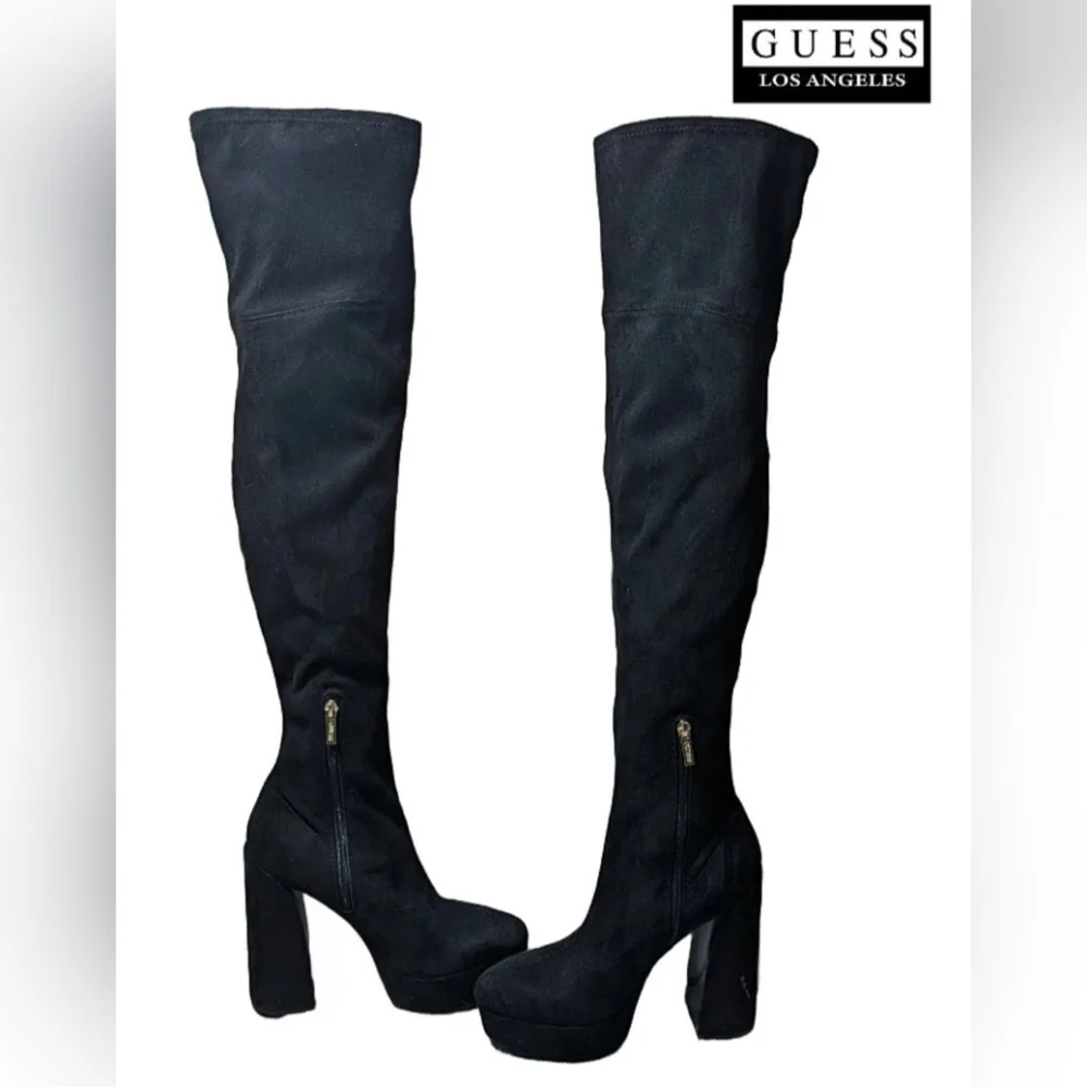 GUESS Cristy Black Faux Suede Thigh High Platform Boots Size 9M